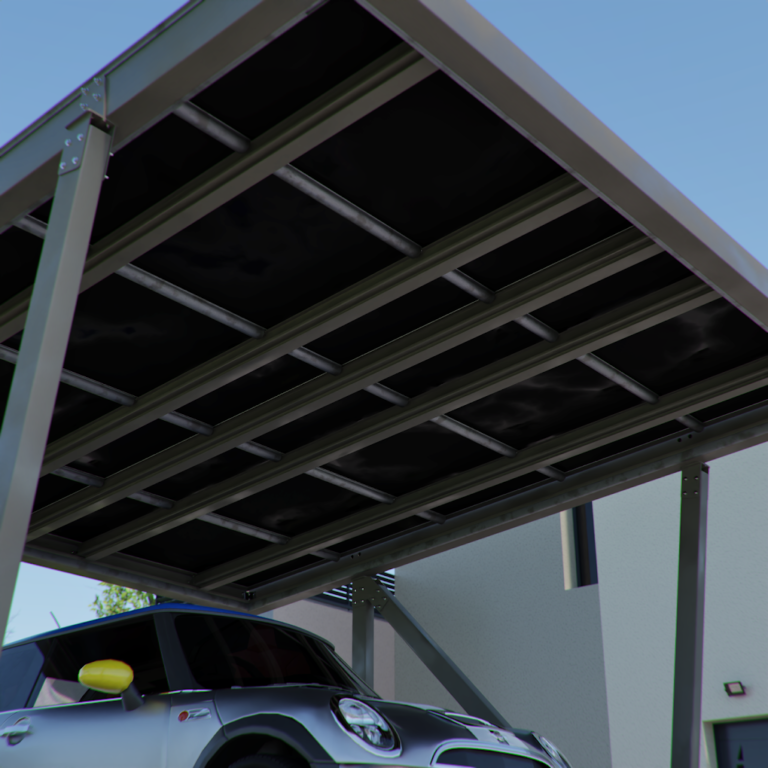 Carport pour voiture équipé de panneaux photovoltaïques.