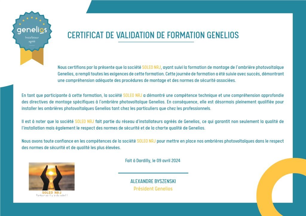 Diplôme d'installateur de panneaux solaires décerné par Genelios.